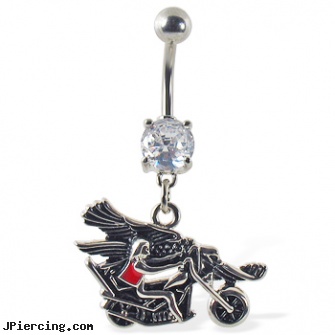 Navel ring with dangling guy on motorcycle, history of navel piercing, navel piercing video, shamrock dangle navel body jewelry, clip on nipple rings, pics of nipple rings