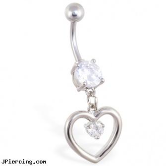 Navel ring with dangling heart and small gem, about navel piercings, short navel rings, inexpensive navel rings, belly ring platinum, grateful dead belly ring