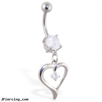 Navel ring with dangling heart with gem, navel barbells, navel piercing video, navel piercing prices, pictures of belly button rings, belly piercing rings