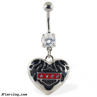 Navel ring with dangling heart with motorcyle logo, navel piercing procedure pictures, gold navel ring, jeweled navel slave rings, threaded rods for tongue rings, dr woos penis ring