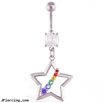 Navel ring with dangling hollow star and rainbow gems, belly navel rings for sale, om navel ring, sterling silver navel jewelry, garnet tongue rings, making non piercing nipple rings jewelry