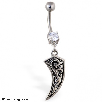 Navel ring with dangling hook with tribal design, sterling silver navel jewelry, jewelry rings navel rings, tongue piercing navel piercing, rebel flag belly button ring, red ring on head of penis