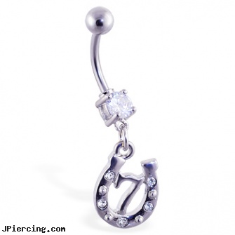 Navel ring with dangling horseshoe and \"7\", plumeria navel ring, piercing navel take it out scar, navel piercing fat, cz belly rings, cock ring and teasing