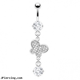 Navel ring with dangling jewel paved butterfly and gem, navel rings pisces, how to navel piercing, pictures of navel piercings with tattoos, gold belly rings, 14 kt white gold belly button rings