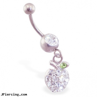 Navel ring with dangling jeweled apple, unique navel rings, navel ring balls replacement, navel ring, what to do after you get an eye brow ring, skull belly button ring
