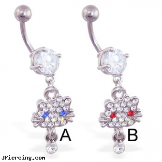 Navel ring with dangling jeweled cat, navel piercing procedure pictures, navel piercing, what are the symptoms of my navel piercing being infected, white gold belly rings, large cock ring