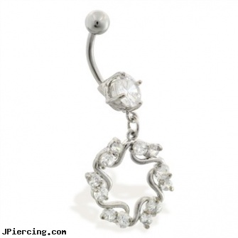 Navel ring with dangling jeweled circle star, navel piercing gallery, real diamond navel jewelry, navel piercing video, nipple ring photo, way belly rings