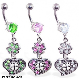 Navel ring with dangling jeweled clover and heart, university of texas navel ring, antique navel rings, 16 gauge navel rings, ferrarri belly button rings, can be fired for having tongue ring