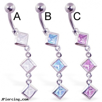 Navel ring with dangling jeweled diamond charms, navel piercing jewelry, multiple piercing navel rings, navel piercing and hibiclens, tongue rings and studs, cock ring ticklers