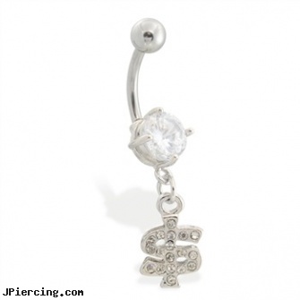 Navel ring with dangling jeweled dollar sign, body piercing nipple navel, 14kt gold navel jewelry jewelry deep, pregnant navel rings, bitch tongue rings, brown penis ring