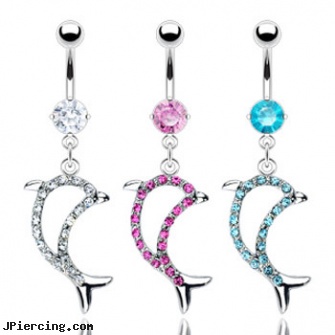 Navel ring with dangling jeweled dolphin outline, navel piercing pics, pink crystal playboy bunny navel ring, navel piercing articles, nose and ear chain rings, nipple rings body jewlery