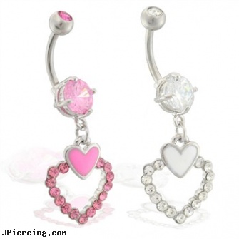 Navel ring with dangling jeweled double hearts, pierce navel care new piercing, reverse navel jewelry, elvis navel barbell, belly ring studs, teddy nipple ring