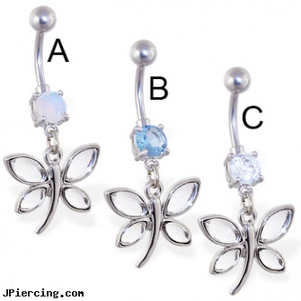 Navel ring with dangling jeweled dragonfly, pisces navel rings, wholesale navel rings, titanium navel piercing, body piercing clit ring, logo tongue rings