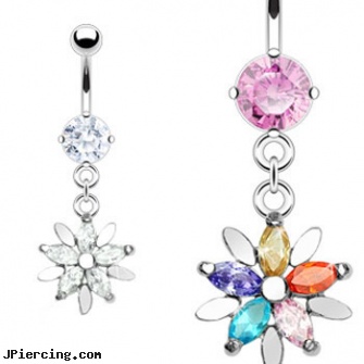 Navel ring with dangling jeweled flower, belly button rings navel jewelry, picture of navel piercings, reversed celtic navel ring, pictures of pretty rings, whole sale belly rings