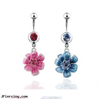 Navel ring with dangling jeweled flower, university of texas navel ring, information on navel piercing, navel accesories, flex uv belly ring, infection of belly button ring