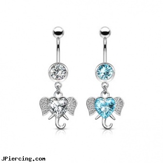 Navel Ring With Dangling Jeweled Heart Elephant, information on navel piercings, what are the symptoms of my navel piercing being infected, hand made navel rings, self piercing earrings, belly button ring infections