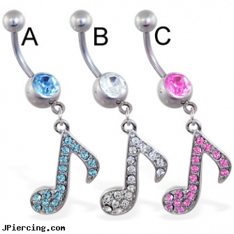 Navel ring with dangling jeweled music note, titanium navel rings, navel piercing pregnancy, sparkley navel jewelry, suck on nipple ring jewelry pierce, belly button rings pot leaf
