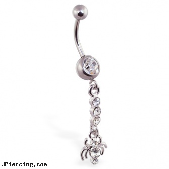 Navel ring with dangling jeweled spider on chain, navel barbell with elvis, tinkerbell navel ring, sterling silver navel jewelry, silver nipple rings, 10 gauge belly rings