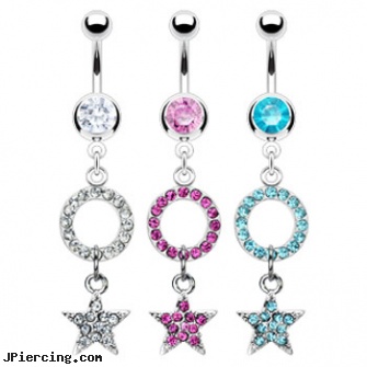 Navel ring with dangling jeweled star and circle, changing navel ring, piercing navel take it out, navel piercing articles, belly ring care tips, cock ring information
