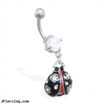 Navel ring with dangling ladybug, reversed navel piercing gallery, fake navel ring, nose navel tongue rings, horseshoe nipple rings, care of belly rings