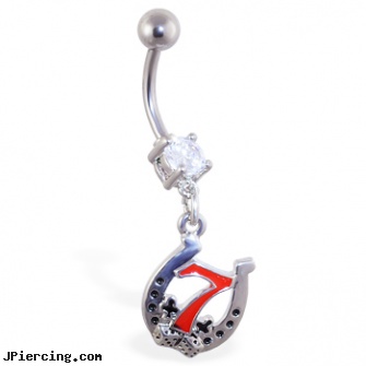 Navel ring with dangling lucky \"7\" horseshoe, lady bug navel rings, double navel peircing picture, fairy navel rings, nipple pump with rings, ear rings piercing