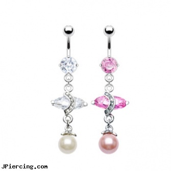 Navel ring with dangling marquise CZ and pearl, studio katia navel rings, navel ring teen, tongue piercing navel piercing, nude belly button rings, fake nipple rings