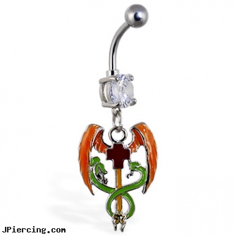Navel ring with dangling medical cross with wings and snakes, navel piercing massachusetts under 16, infected navel piercing, navel piercing keloid, discount cock rings, belly putton rings