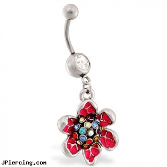 Navel ring with dangling multi-jeweled flower, inch navel ring, pearl navel ring, navel belly ring opal, wholesale tongue ring, belly button rings and barbells