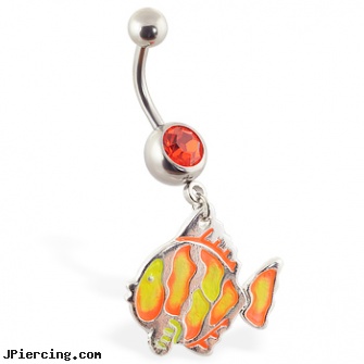 Navel ring with dangling neon fishy, 14 gauge 16 navel rings, navel ring pain, navel piercing stories, cheap nipple rings, dangling belly button rings