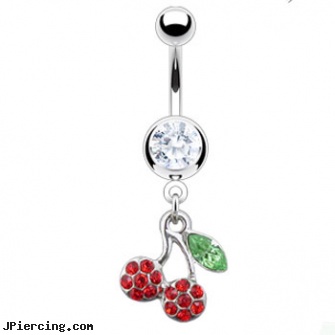 Navel ring with dangling pave jeweled cherries, 99 cent navel rings, navel rings belly button, navel piercings done at captive bead in rahway nj, cock rings and toys, the rabbit sex toy cock ring