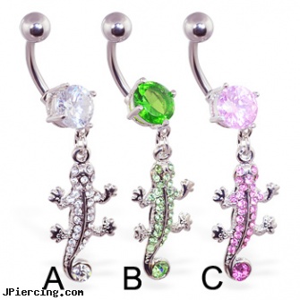 Navel ring with dangling pave jeweled lizard, surgical steel navel jewelry, piercing navel forum, studio katia navel rings, gay pride nipple rings, infected tongue rings