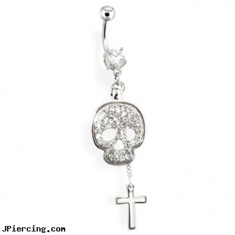 Navel Ring with Dangling Paved Skull And Cross, uv butterfly gem navel belly ring, navel belly ring opal, how to navel piercing, buy nipple rings, vibrating cock rings