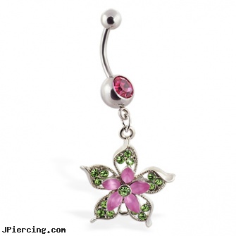Navel ring with dangling pink and green flower, dolphin navel rings, navel piercing stories, witchcraft navel jewelry, gold body jewelry earrings, restriction rings cock