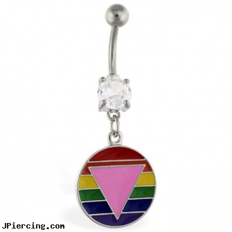 Navel ring with dangling rainbow circle with pink triangle, navel piercing pictures, surgical steel navel jewelry, navel piercing experiences, diamond tongue ring, fun belly rings