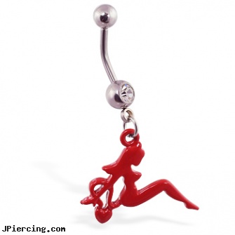 Navel ring with dangling red devil girl, uv butterfly navel ring, navel piercing tools, navel piercing prices, prince albert rings, bear nipple ring