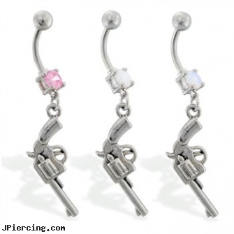 Navel ring with dangling revolver, navel peircing, playboy navel jewelry, gold navel ring, infected lip rings, cock ring cum