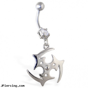 Navel ring with dangling round tribal symbol, uv butterfly gem navel belly ring, jewelry display case for navel rings, information on navel piercings, belly ring questions, white pride tongue ring