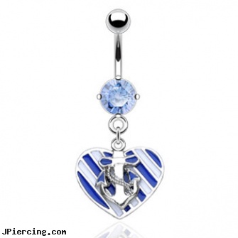 Navel ring with dangling sailor love heart, navel ring, navel piercings done at captive bead in rahway nj, dangling navel ring, pink heart belly ring, belly button rings discount