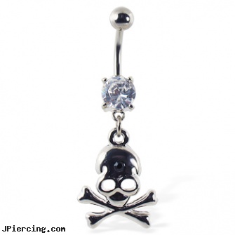 Navel ring with dangling skull and crossbones, navel ring pic, infected navel piercing, navel ring superman, 14k naval ring, body jewelry ring