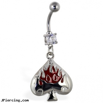 Navel ring with dangling spade with flames, navel belly rings, real diamond navel jewelry, navel ring gauge sizes, piercing rings, body jewelry single earings
