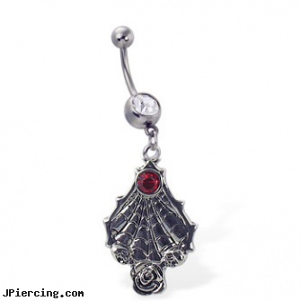 Navel Ring with Dangling Spider Web And Gem, prism navel ring, navel piercing faq, navel piercing infection, christmas belly button rings, snoopy belly ring