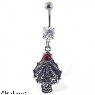 Navel ring with dangling spider web and gem, antique navel rings, navel piercing do it yourself, celtic navel ring shield, gold diamond nose stud ring, team belly button rings