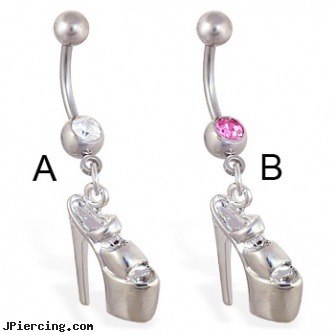 Navel ring with dangling stripper heel, 14 gauge navel rings, tiny navel ring gallery, navel peircings, how to take care of belly button ring, replacement rings for nose jewelry