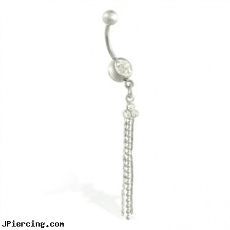 Navel ring with dangling triple gem and chains, navel steel belly button, quad navel piercing, fake navel rings, bezel-set diamond belly rings, shop belly button rings