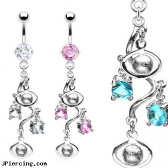 Navel ring with dangling twisted vine with balls and gems, skull navel ring, pictures of navel piercing, standard size navel piercing, metal cock ring nickel, clit ring pictures