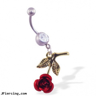 Navel ring with dangling upside down yellow rose, disney belly ring navel, white gold top down navel rings, navel shield, non-pierced belly rings, buy eyebrow ring