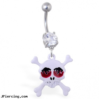 Navel ring with dangling white skull with flame eyes, 14k gold diamond navel rings, navel piercing keloid, navel shields, spongebob belly ring, ear ring studs