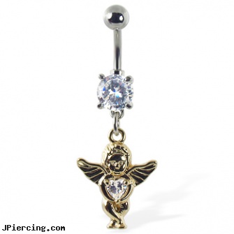 Navel Ring with Dangling Yellow Angel Baby Holding Heart Gem, navel jewelry multiple piercing, information on navel piercing, sterling silver navel ring, ariana nipple ring, horseshoe belly button ring