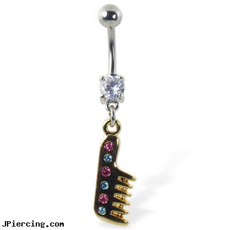 Navel ring with dangling yellow comb with gems, wholesale navel rings, custom navel ring, navel rings pisces, 16 gauge belly button rings, starter belly rings