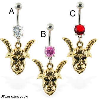 Navel ring with dangling yellow demon, gold navel barbells 8mm, navel piercing red bumps, navel percing, push cock ring, tongue ring girl